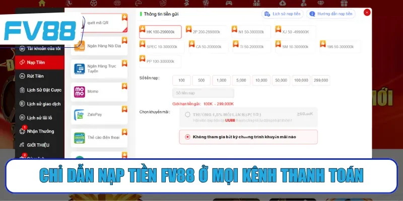 Chỉ dẫn nạp tiền FV88 ở mọi kênh thanh toán