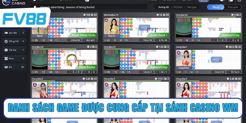 Danh sách game được cung cấp tại sảnh casino WM